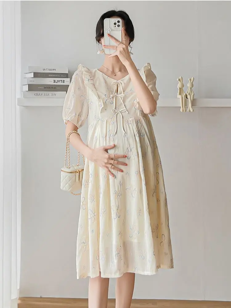 Korean Style Summer Pregnant Women Dress Sweet Ruffles Short Sleeve Loose Floral Embroidery Maternity Dress Pregnancy Cheongsam