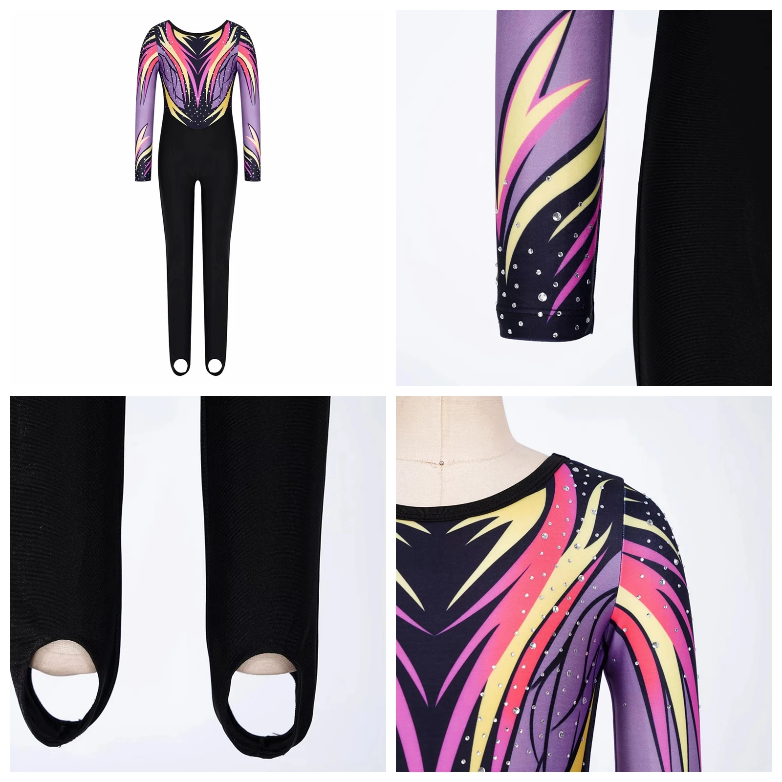 Kids Girls Roller Skating Competition Dance Costume Rhinestones Full Body Leotard Stirrup Rhythmic Gymnastics Jumpsuit Bodysuit