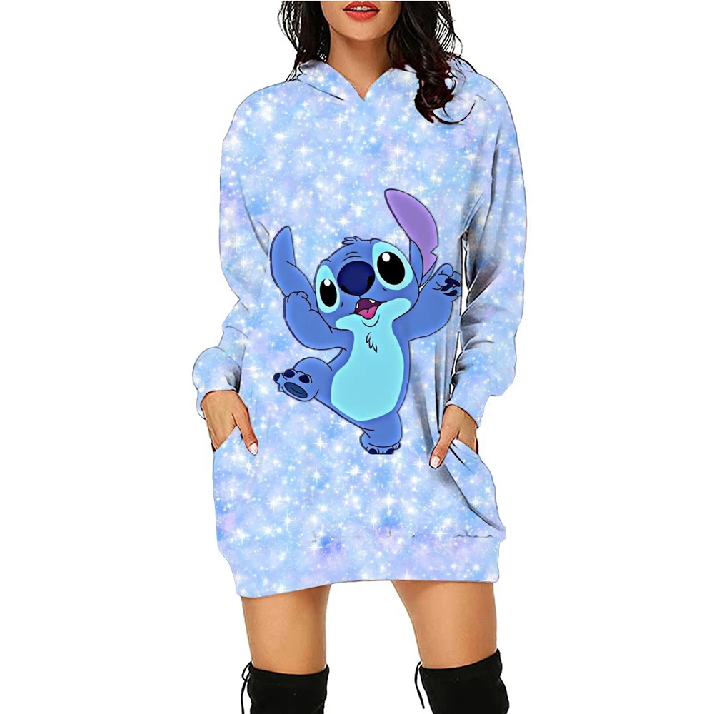 Gaun Mini gaun Hoodie Kawaii untuk wanita 2025 gaun Sweater seksi lengan panjang Disney baju wanita pakaian Prom Stitch elegan Y2k 3XL