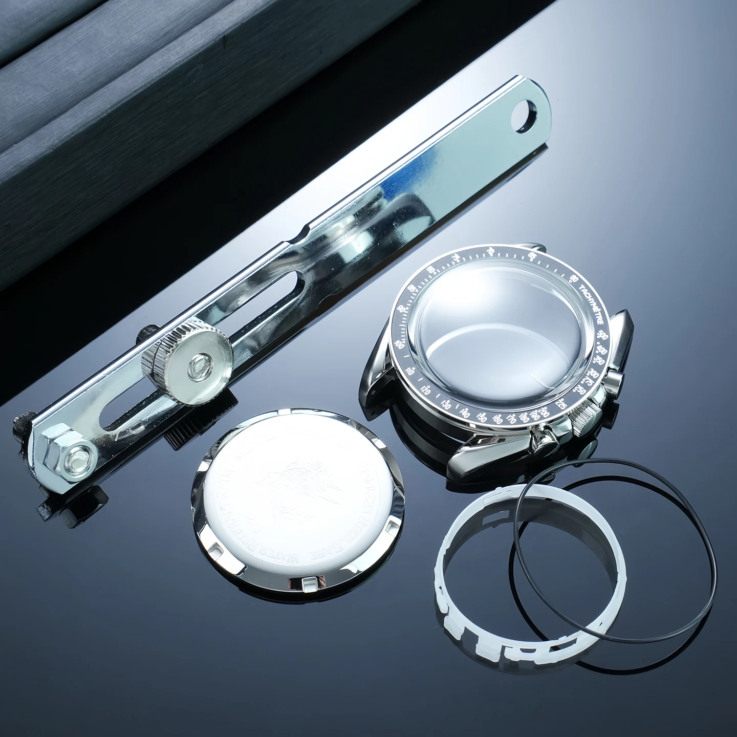 For swatch&omega moonswatch watch upgrade full metal silver case bezel Mod kit with steel back cover，waterproof gasket and tools view 4
