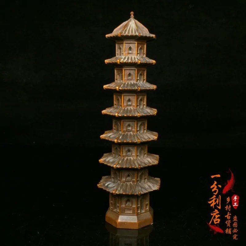 Hand Carved Wood Wenchang seven-story pagoda Statue Figurine Desktop Ornaments Home Decoration