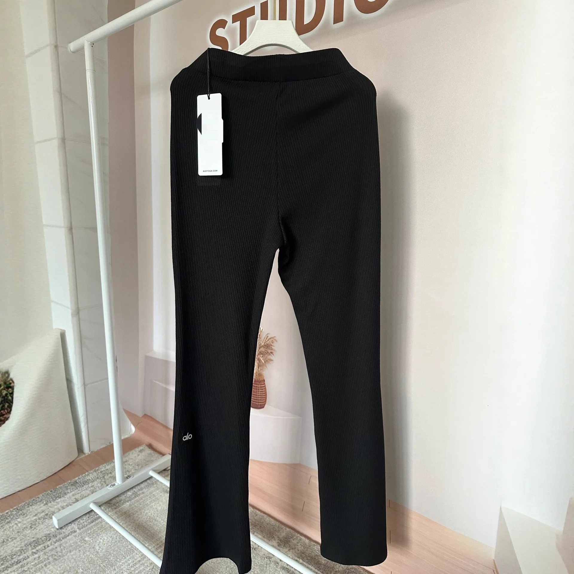 Damskie dzianinowe spodnie z wysokim stanem, rozszerzane, z szerokimi nogawkami, długie, wyszczuplające, do ziemi, lekko rozszerzane, codzienne.