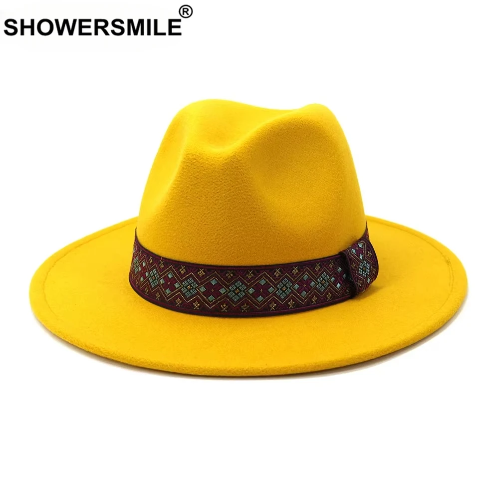 

SHOWERSMILE Yellow Wide Brim Fedora Hat for Women Winter Felt Hat Fashion Trilby Black Female Jazz Cap Embroidered Belt