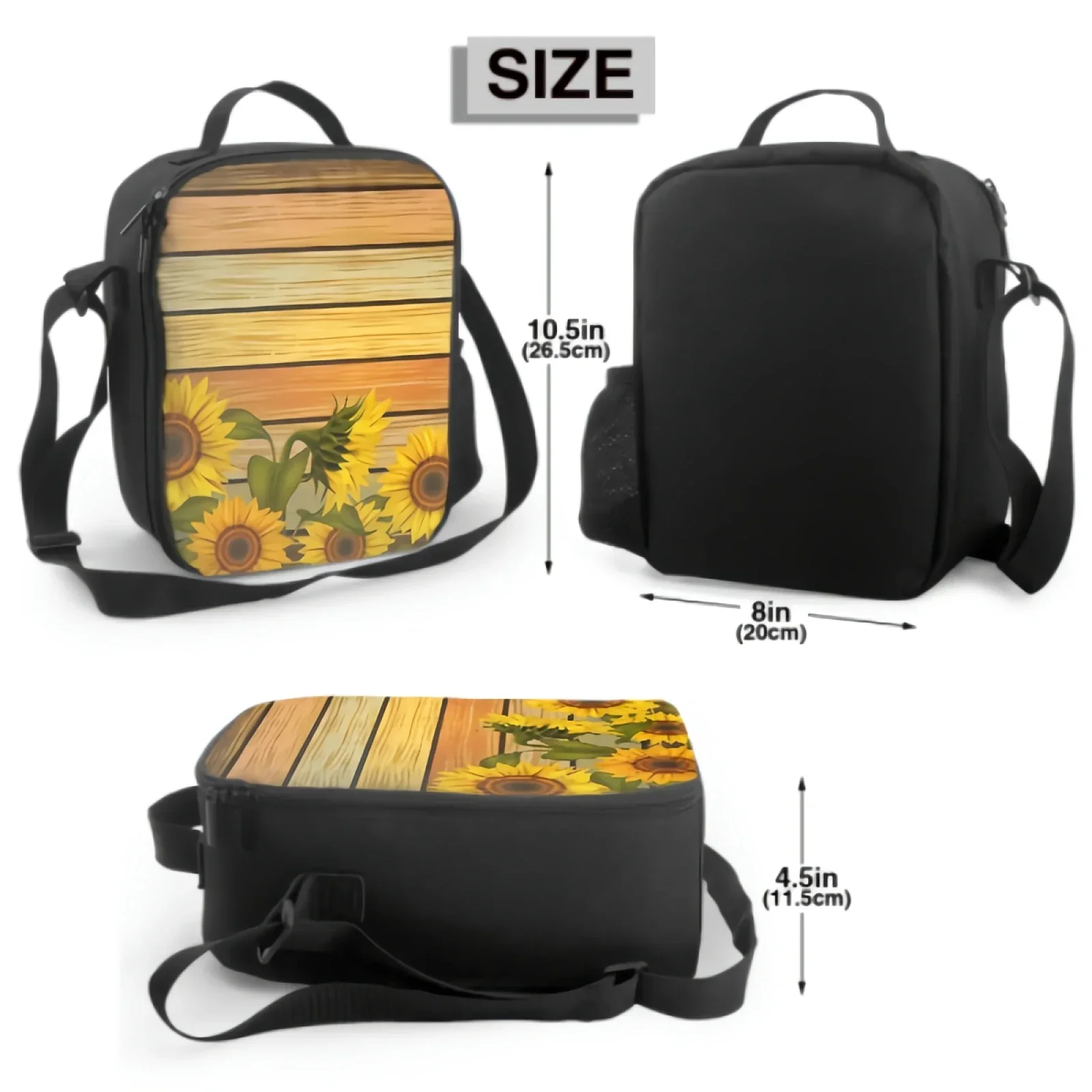 

Sunflowers And Leaves On Antique Wooden Board Insulated Lunch Bag for School Office Picnic Tote Lunch Box Containers Cooler Bag