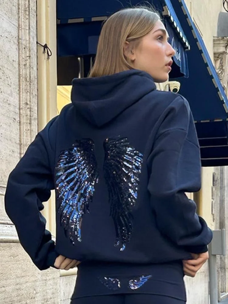 Women's Shinny Sequin Angel Wings Hooded Jacket Pant Long Sleeve Loose Casual Hooded Pullover 2026 New Lady Y2k Autumn Outwears
