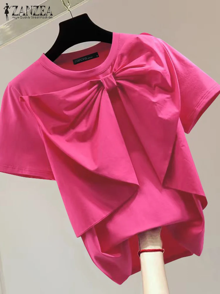 ZANZEA Women SummerLoose T-Shirt Chic Bowknot Short Sleeve Blouse 2024 Korean Patchwork O-neck Tops Holiday Casual Solid Tunic
