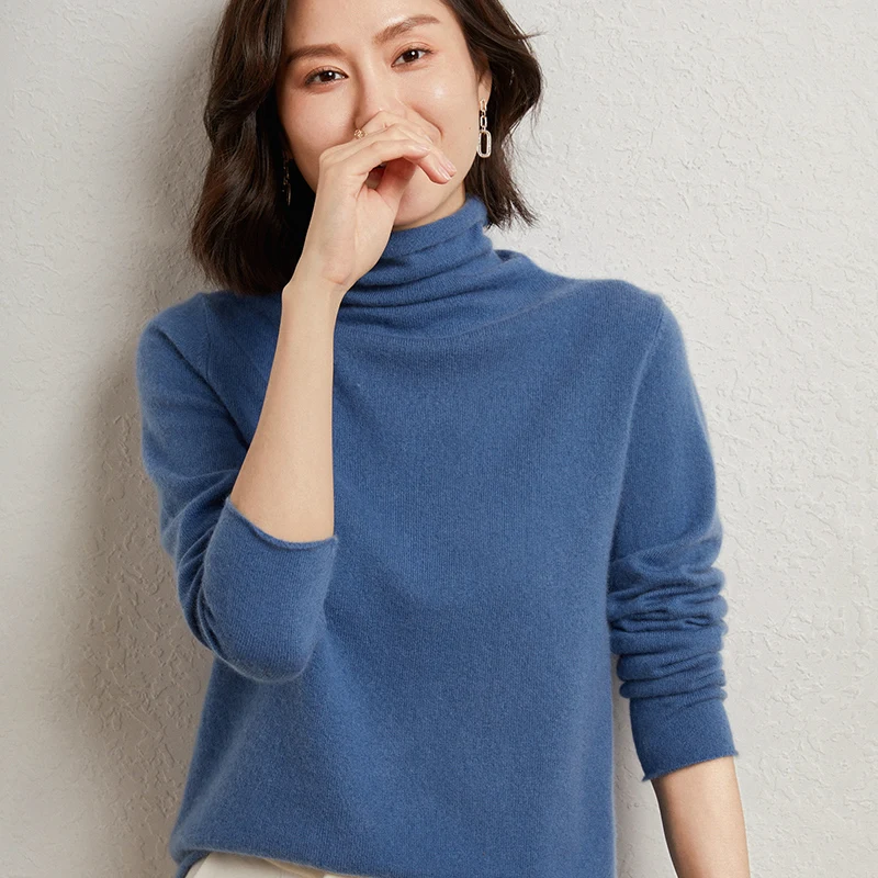 100%Merino Pure Wool Sweater Women\'s AutumnWinter Long Sleeve High Neck Pullover Warm High Quality Solid Color Basic Knit Jumper