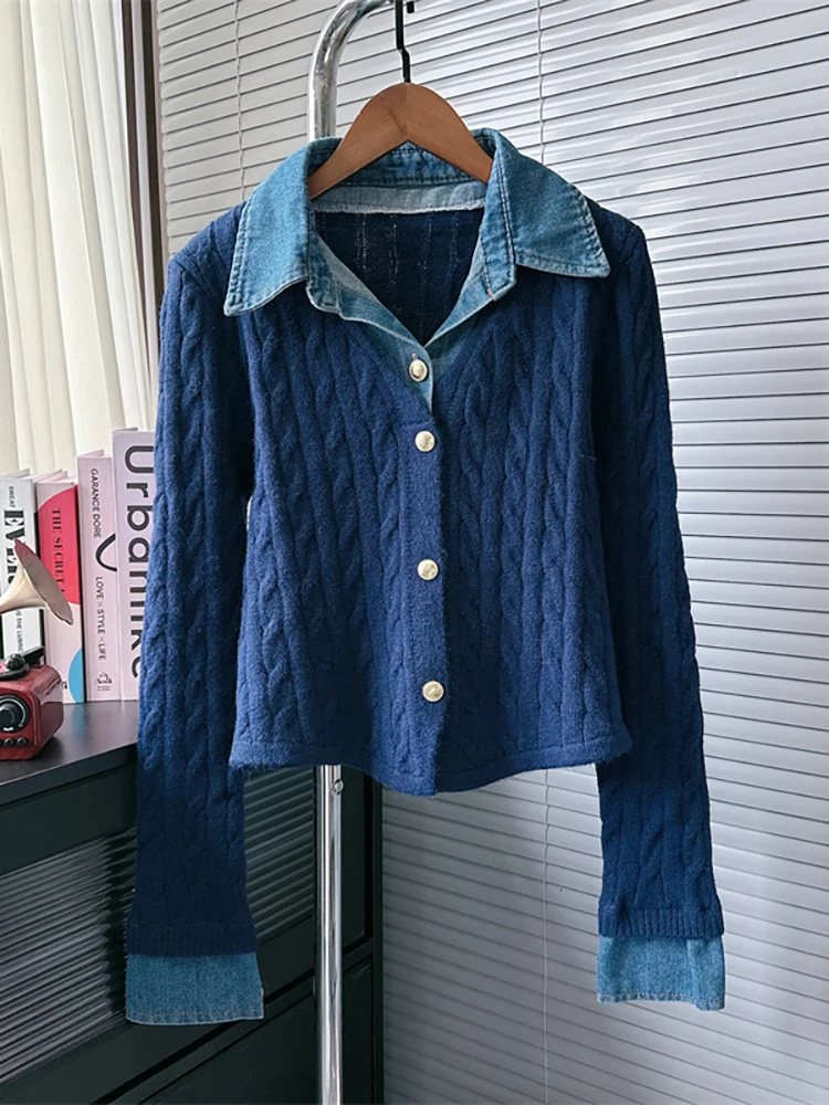 DEAT damski sweter dziergany Patchwork Denim fałszywy 2 szt. Slim skręcić w dół kołnierz rozciągliwy sweter wiosna 2025 nowych moda 29L8343