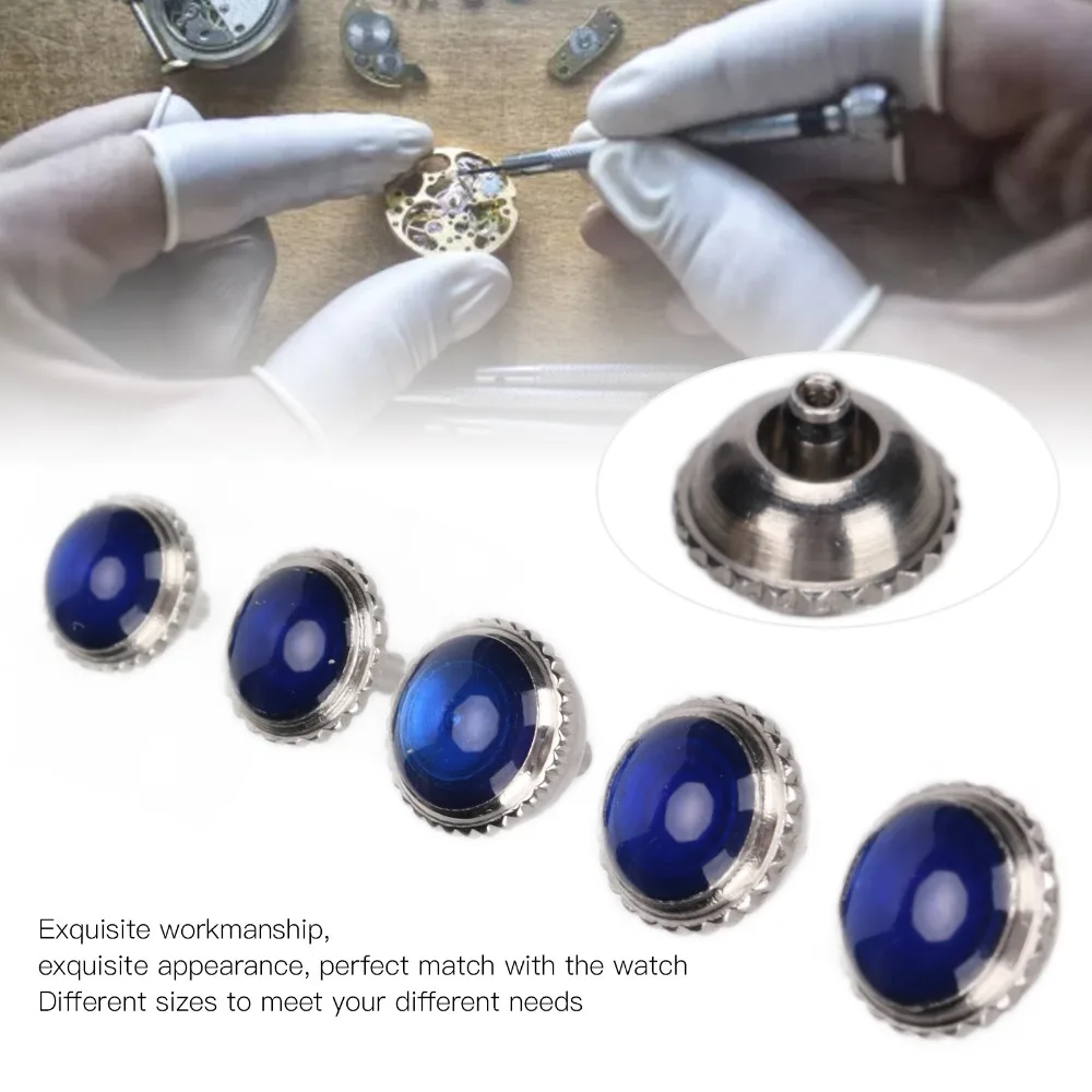 5 قطعة أجزاء تاج الساعة الزرقاء الصلب أحجام مختلفة بالون أنبوب قصير ساعة أزرار التاج ساعة بالون إصلاح ساعة التاج