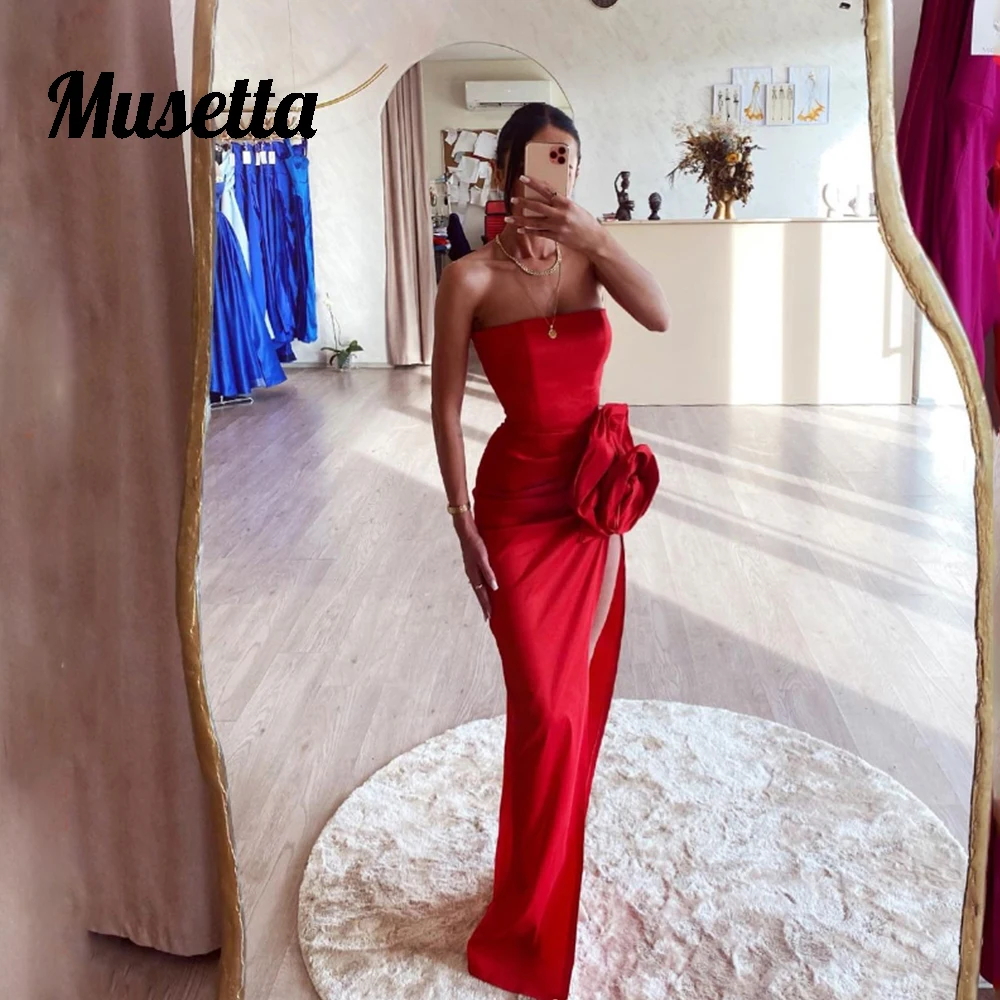 Musetta Sexy Evening Gowns Women Strapless 3D Flowers Ruched Prom Party Dress High Side Slit Formal Occasion Dresses Customized