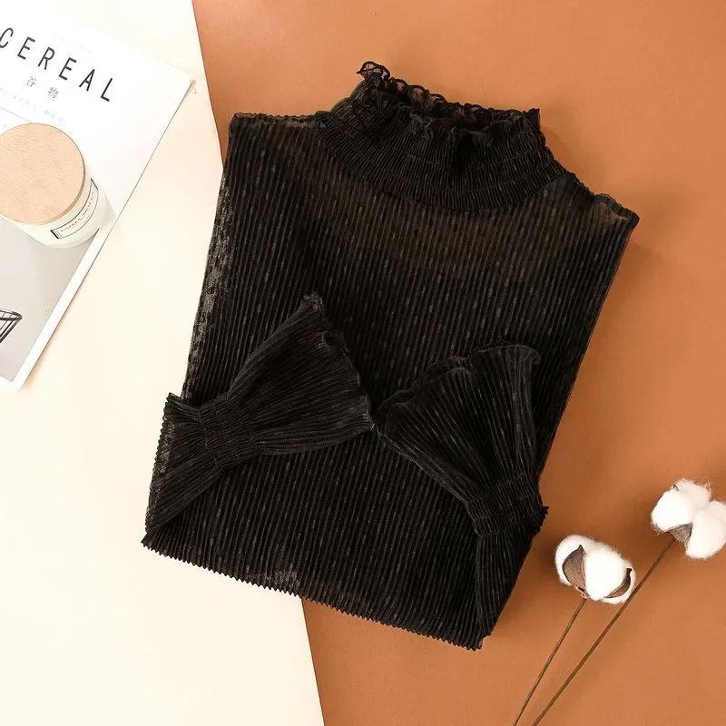 Fashion Mesh High Neck T-Shirt Tops Long Sleeve High Collar See Through Blouse See-through Mesh Sheer Long Sleeve view 6
