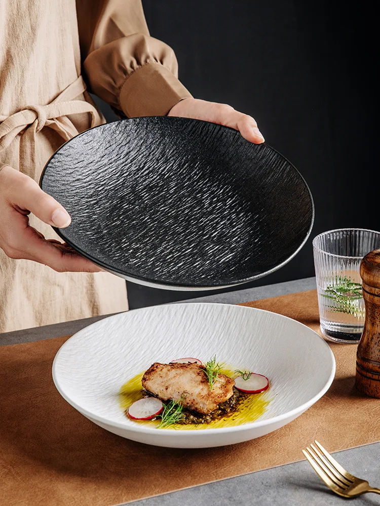 

Керамическая обеденная тарелка с узором камней, японская глубокая тарелка для домашнего использования, суповая тарелка, высокая эстетичная посуда для ресторана, круглая...