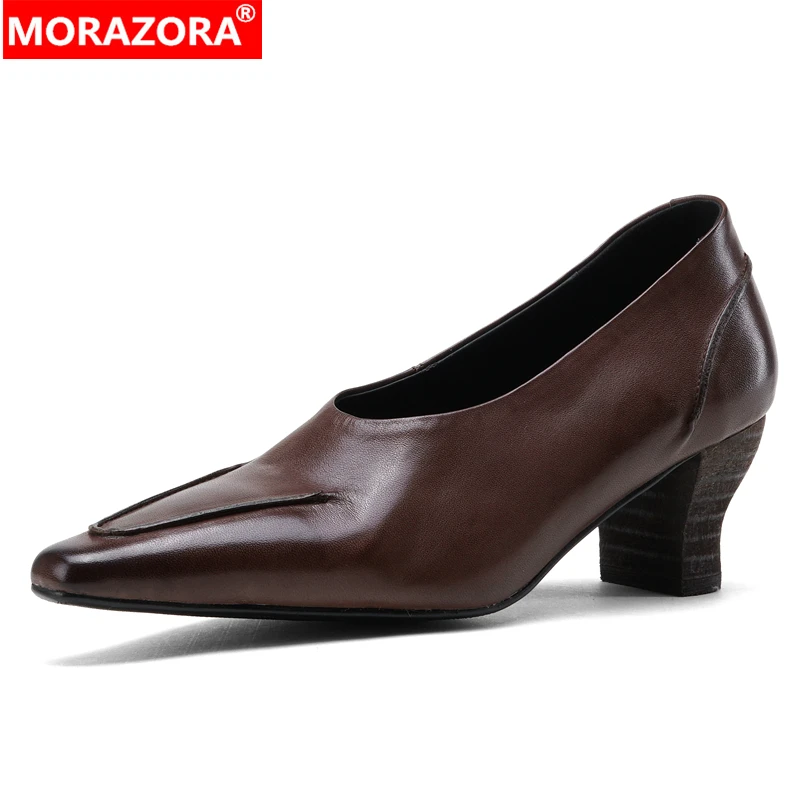 

MORAZORA Size 34-42 Genuine Leather Shoes Women Pumps Thick High Heels Retro Brown Black Spring Summer Ladies Office Shoes