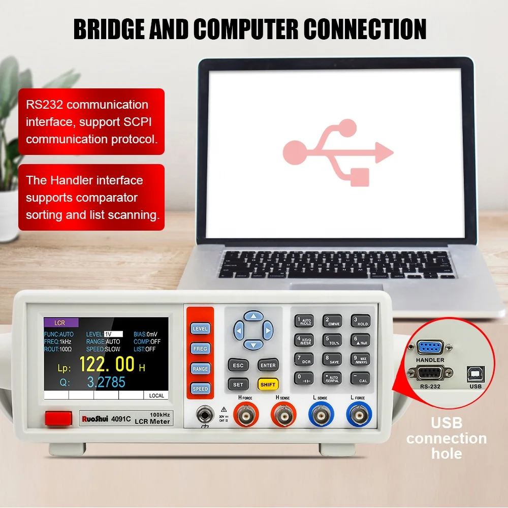 Цифровой настольный LCR измеритель RUOSHUI 4091C, 10 Гц-100 кГц, диапазон частот 10 ~ 2000