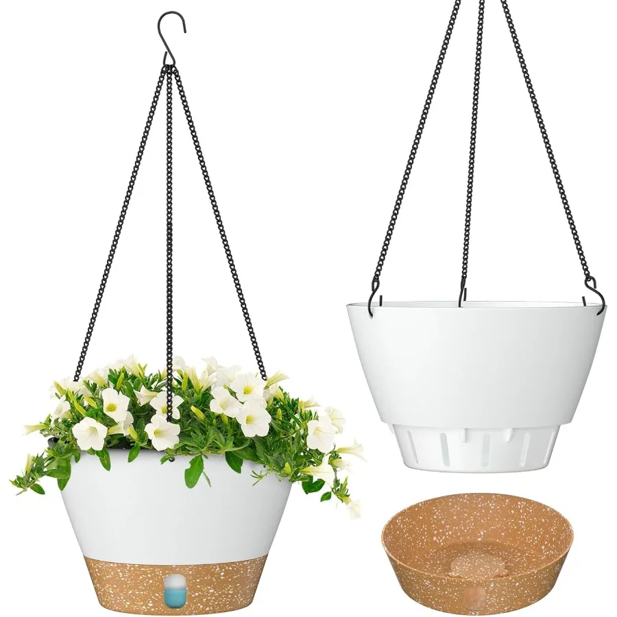 

8 Inch Hanging Planters for Indoor and Outdoor Use Transparent Water Level Indicator Drainage Holes Removable Tray Durable Whit