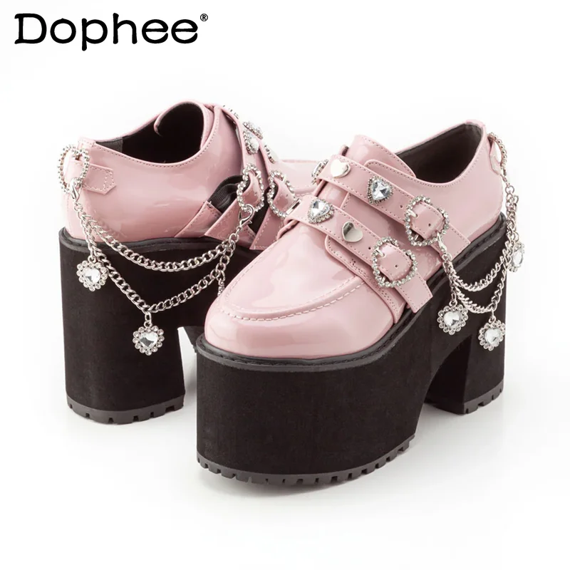 

Женские непромокаемые туфли на высоком каблуке в стиле японской Лолиты, весенне-осенние непромокаемые туфли на платформе, милые туфли Мэри Джейн с цепочкой со стразами