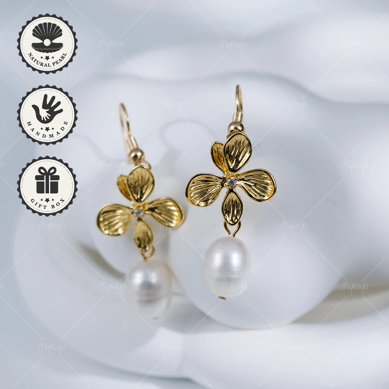 

MYSOYA 8-9mm White Rice-Shaped Freshwater Pearl Drop Earrings with Golden Flower Hook, Birthday Gift, Valentine’s Day
