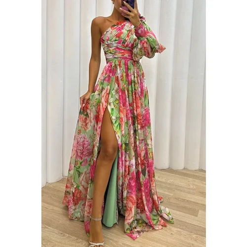 Imagen 1 del producto Vestido informal de manga larga con hombros descubiertos para mujer, vestido atado a la cintura, cuello inclinado, fiesta de vacaciones, estampado de moda, abertura