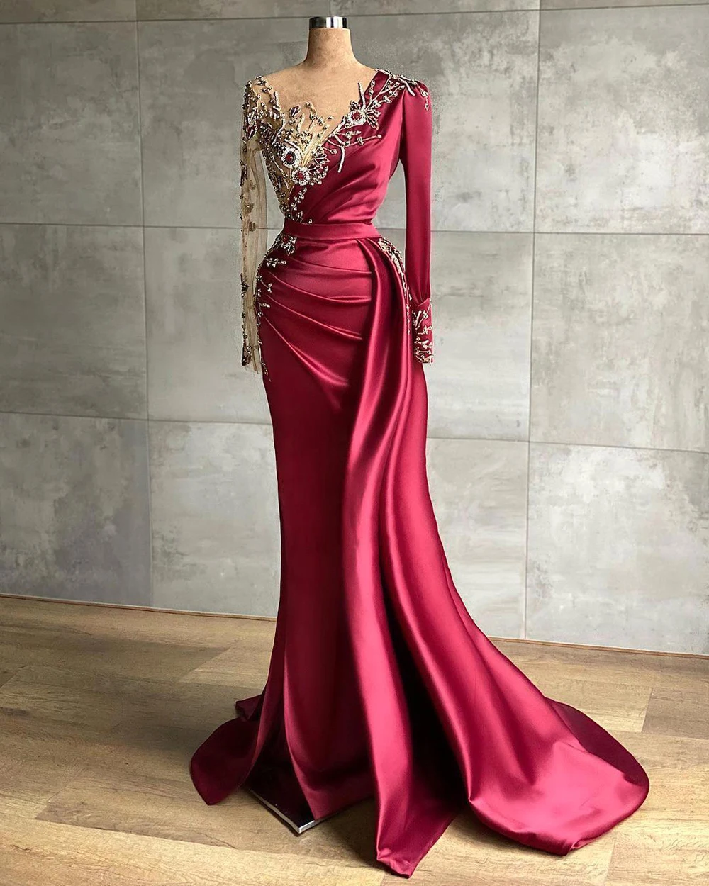 Muslim Luxury Evening Dresses Satin Mermaid Elegant Beaded Pleat Formal Party Prom Gowns Illusion Vestido De Fiesta Custom Made