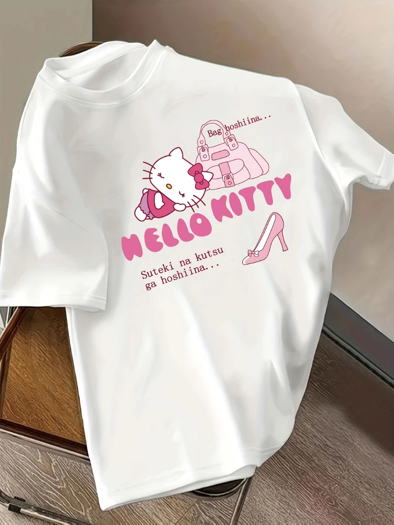 

Sanrio Hello Kitty and Melody Pattern Женская повседневная футболка — розовый буквенный принт, хлопок, свободный удобный круглый вырез, короткий рукав