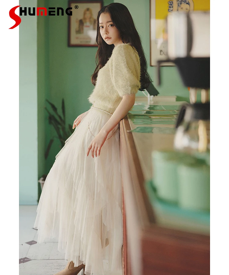 

2025 Spring and Autumn Lady Sweet Fashion Mesh Skirt Japanese Style Daily Casual Versatile Elastic Waist Long Skirt Fairy Skirt