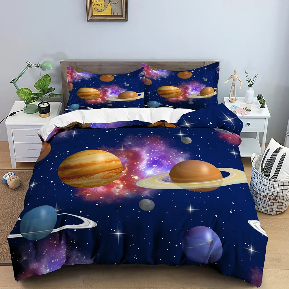 Copripiumino King Queen modello Galaxy Planet Set biancheria da letto stellata blu scuro per bambini Adolescenti Adulti Spazio esterno 2/3 pezzi Copripiumino