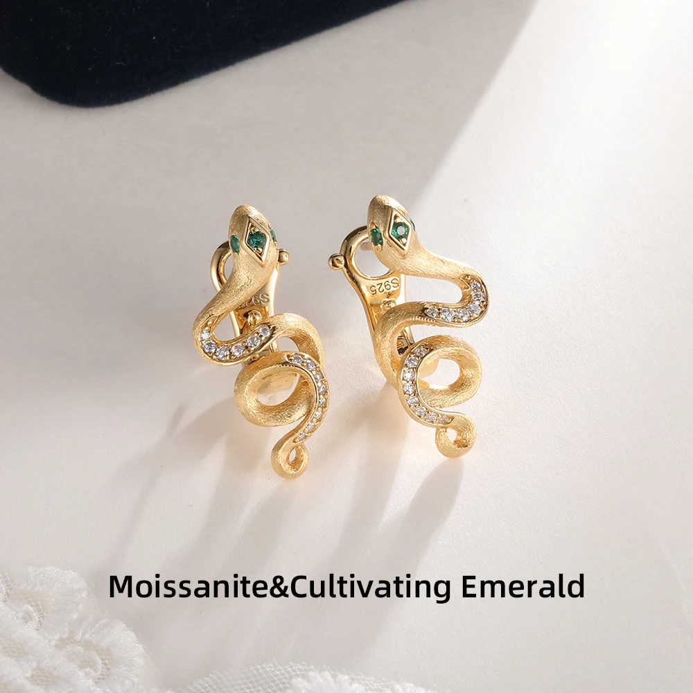 APIR Snake Shaped Cultivate Emerald Moissanite Women's Stud Earrings Gold Plated Anniversary Jewelry with Appraisal Certificate