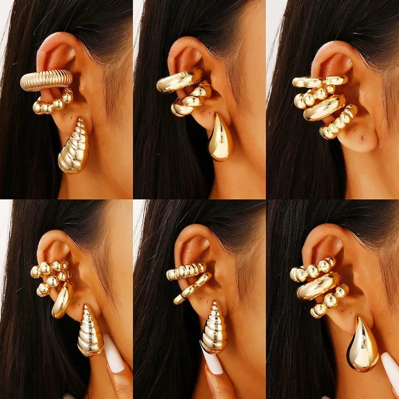4Pc/set Vintage Geometric Clip Earring Women Trendy Glossy C Shape No Piercing Fake Cartilage Ear Cuff Jewelry Accessories
