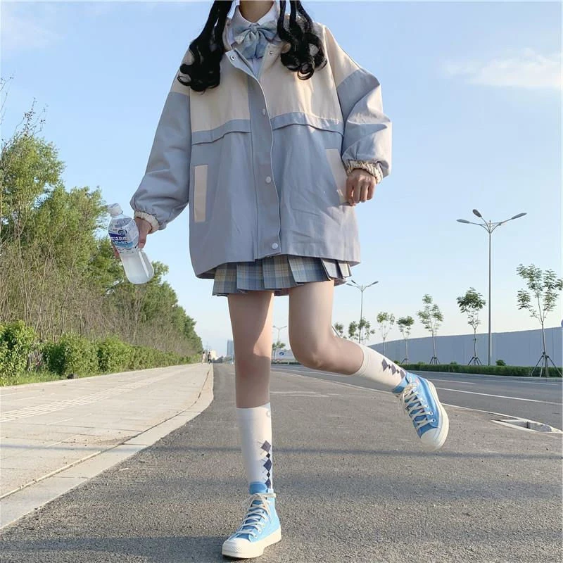 Harajuku Jackets Hooded Women Fall Winter Oversize Coat Korean Vintage Loose Pocket Kawaii Patchwork Casual Zip Preppy Outwear