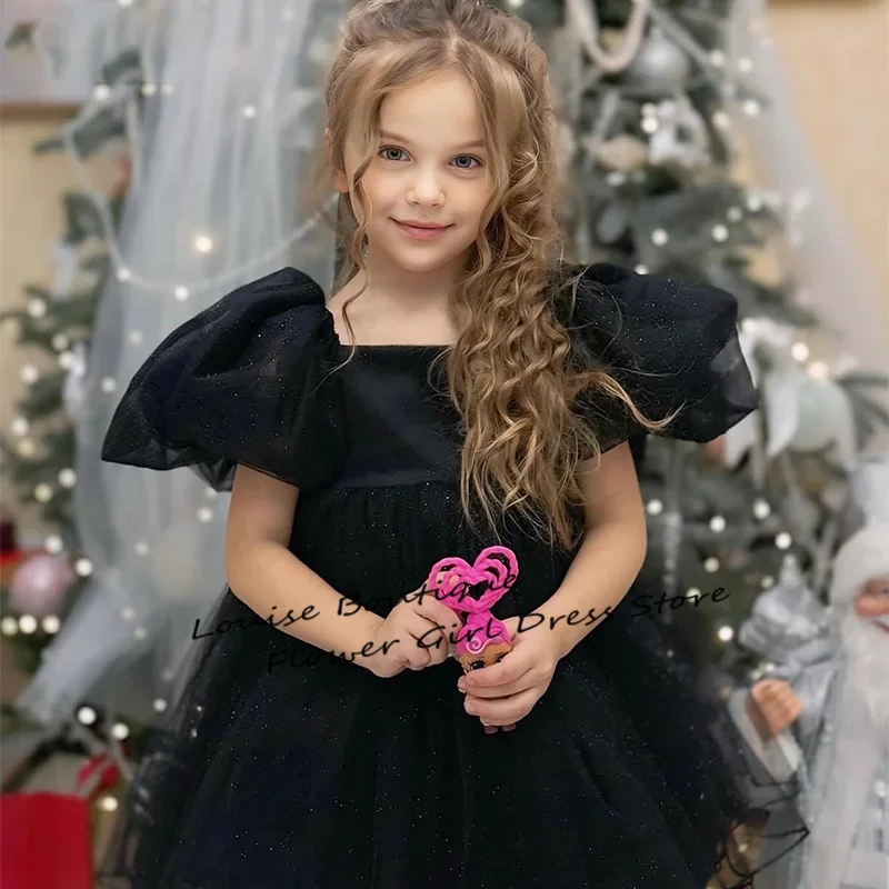 

Louise Shiny Black Flowers A-Line Girl Dresses Wedding Party Dress for Kids Tull Pleat Bow Girls Prom Gowns Customized 2025