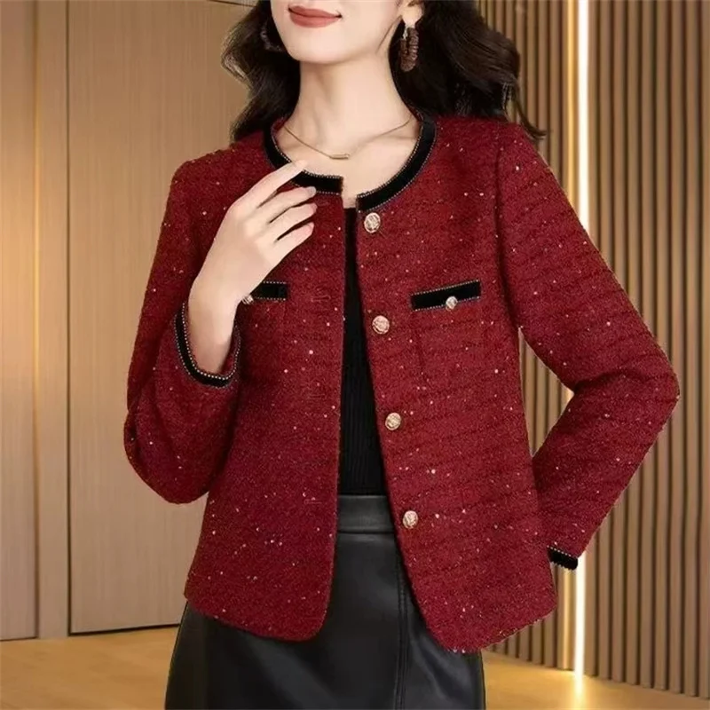 

2025 New Spring Autumn Coat Middle-Aged Elderly Mothers Casual Outerwear Tops Short Lapel Plaid Suit Jacket Casaco Feminino