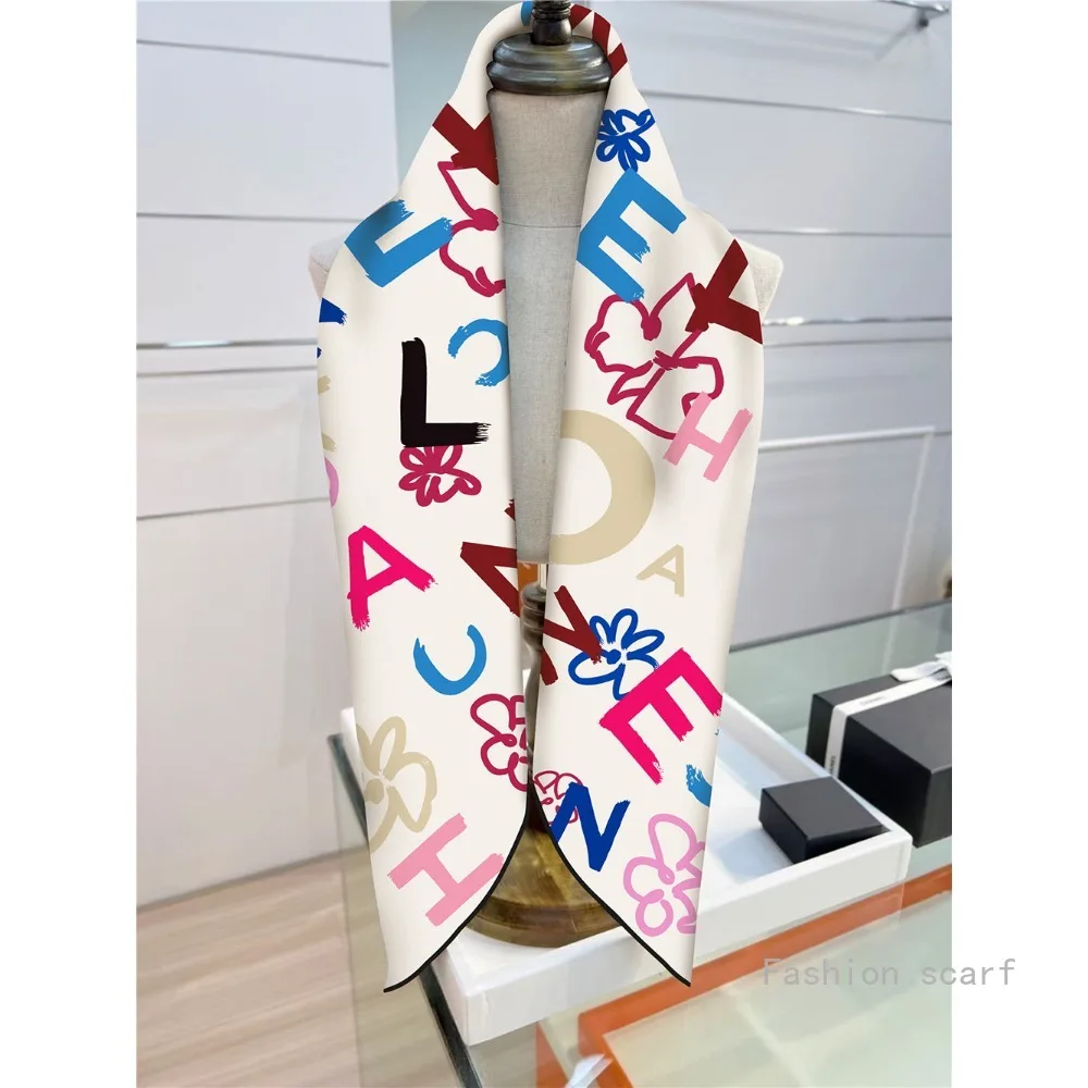 French Style New Black and White Letter Color Matching Women's Shawl Large Square Scarf Twill Silk Headscarf Scarf Wholesale image 6