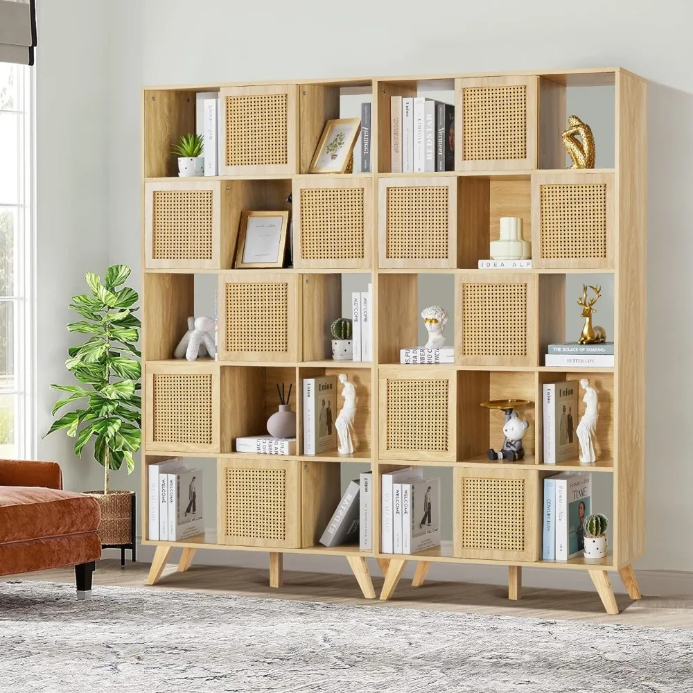 Natural Rattan Bookcase, Wooden 5 Shelf Bookcase with Rattan Sliding Doors, Office Display Cabinet, Creative Display Bookcases