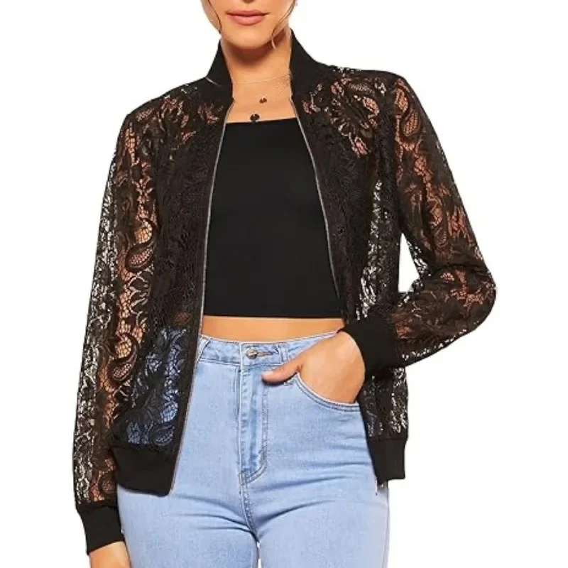 Spring New Ladies Jacket Lace Transparent Long Sleeve Zipper Coat for Men