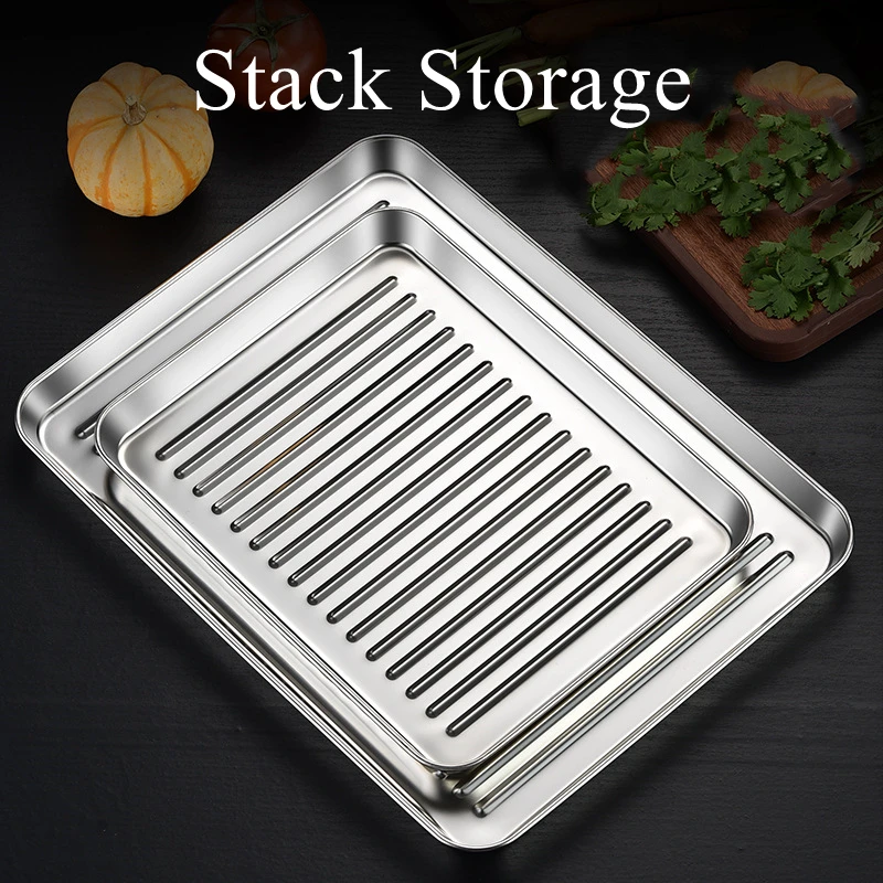 LFGB Certificate 304 Stainless Steel Baking Sheet Strengthen 30cm 40cm Barbecue Tray Non-stick Raised Bottom Bar Food Container