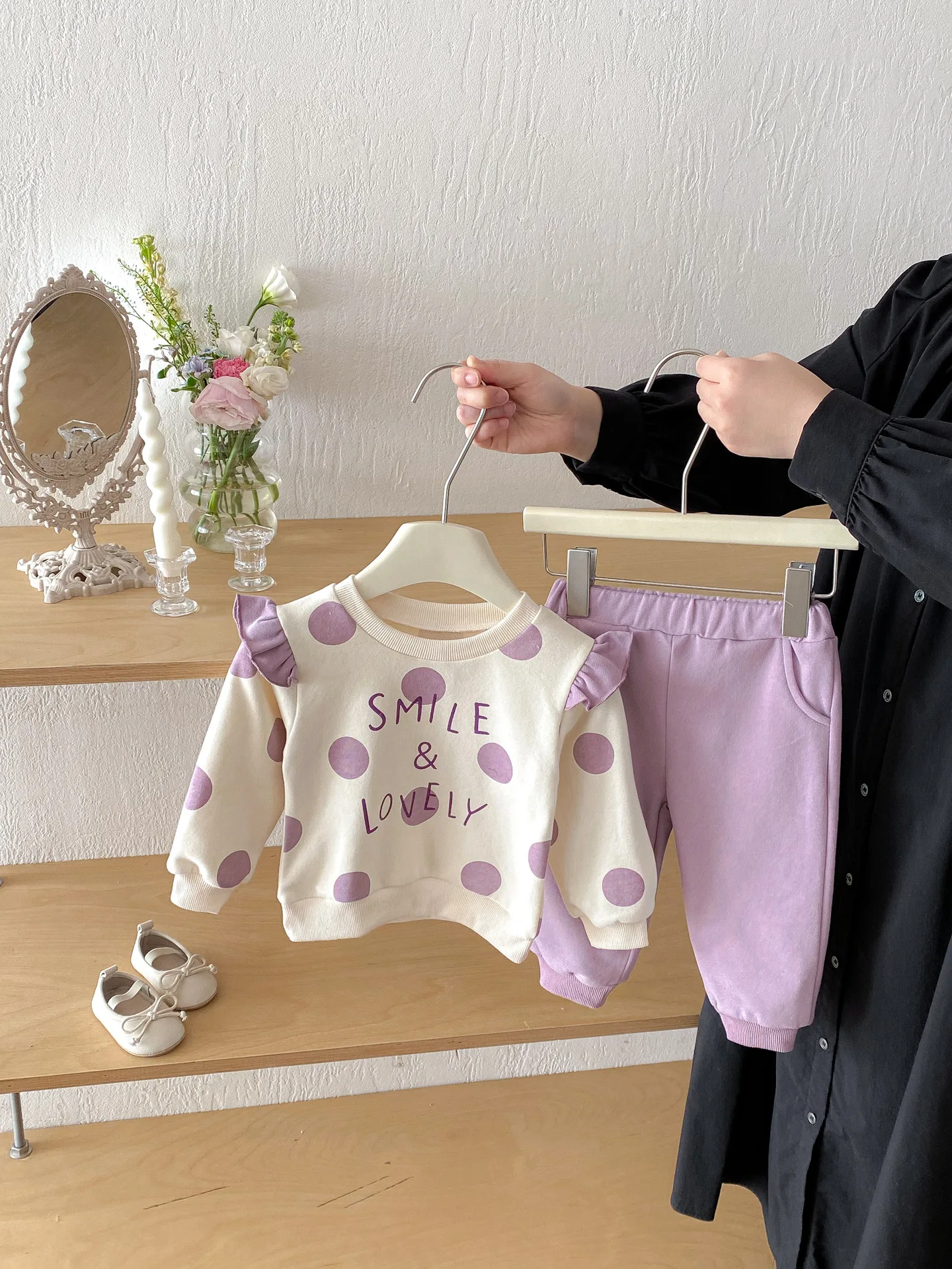 

2026 Spring New Baby Long Sleeve Clothes Set Girls Sweet Polka Dot Sweatshirt + Pants 2pcs Suit Toddler Cotton Casual Outfits