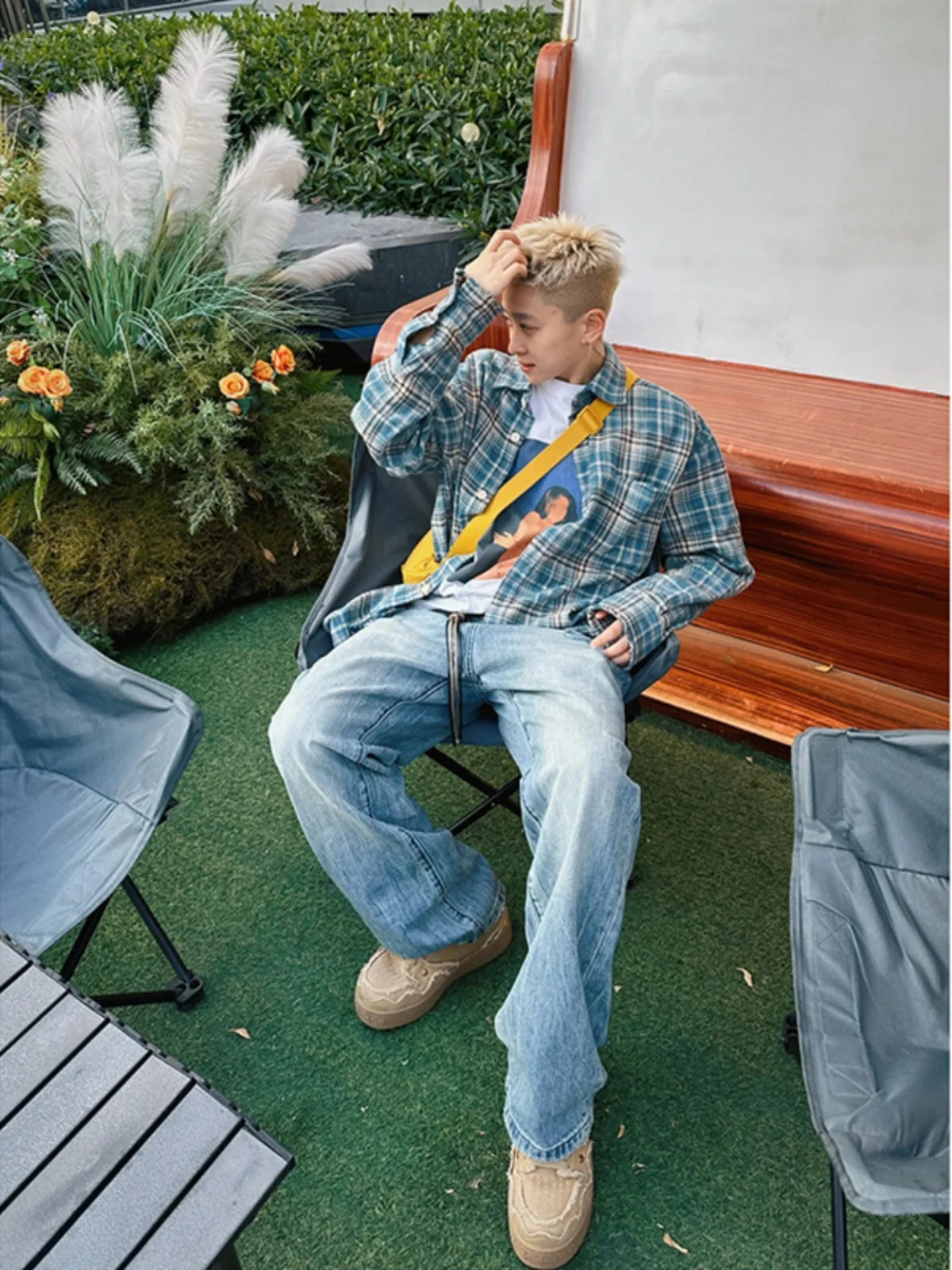 

Blue Plaid Long Sve Men's irt Vintage American Sle Distred Outerwear Trendy Brand Casual Loose Fit Spring irt