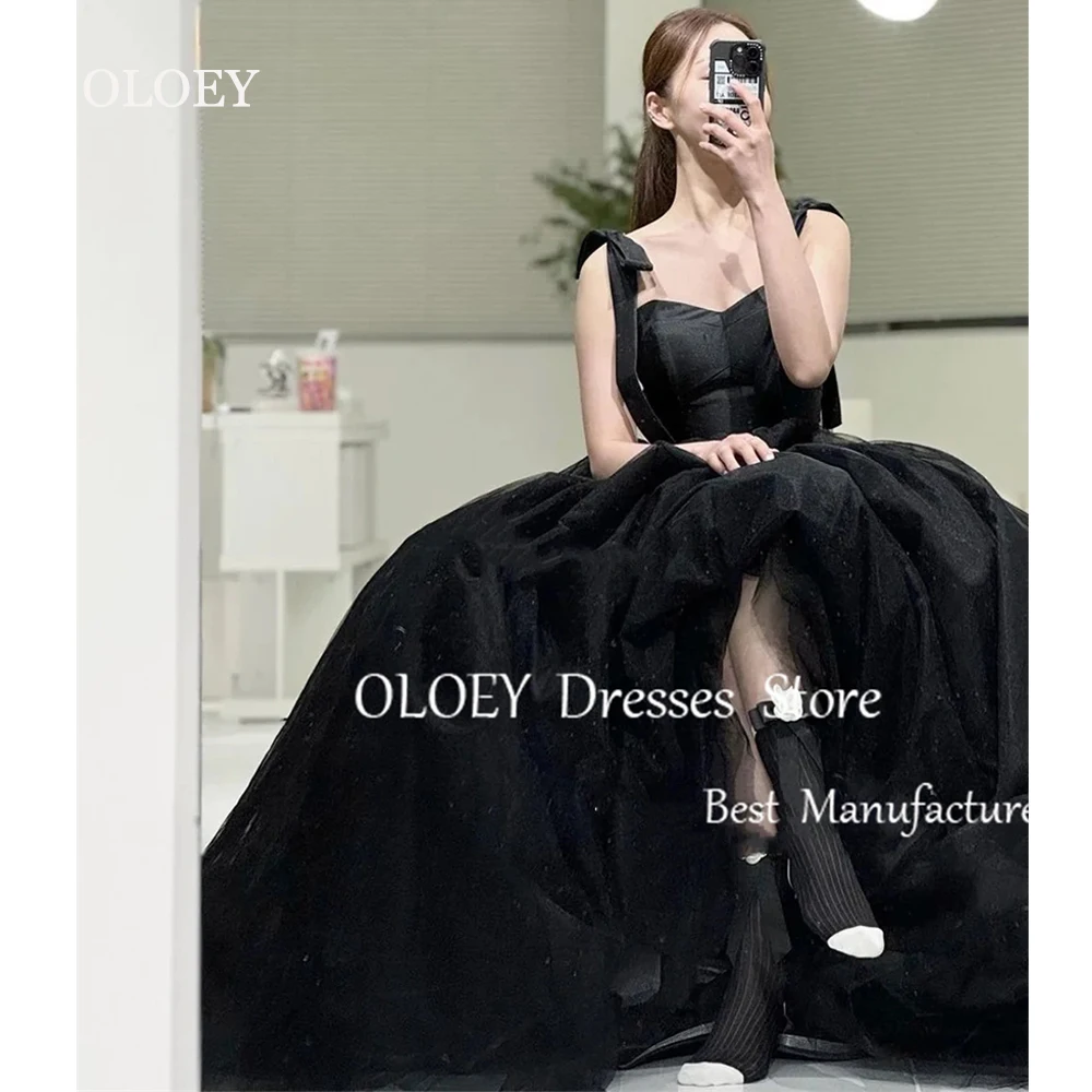 OLOEY Glitter Black A Line Wedding Dress Korea Photoshoot Spaghetti Straps Sleeveless Prom Gown Floor Length Soft Tulle Custom