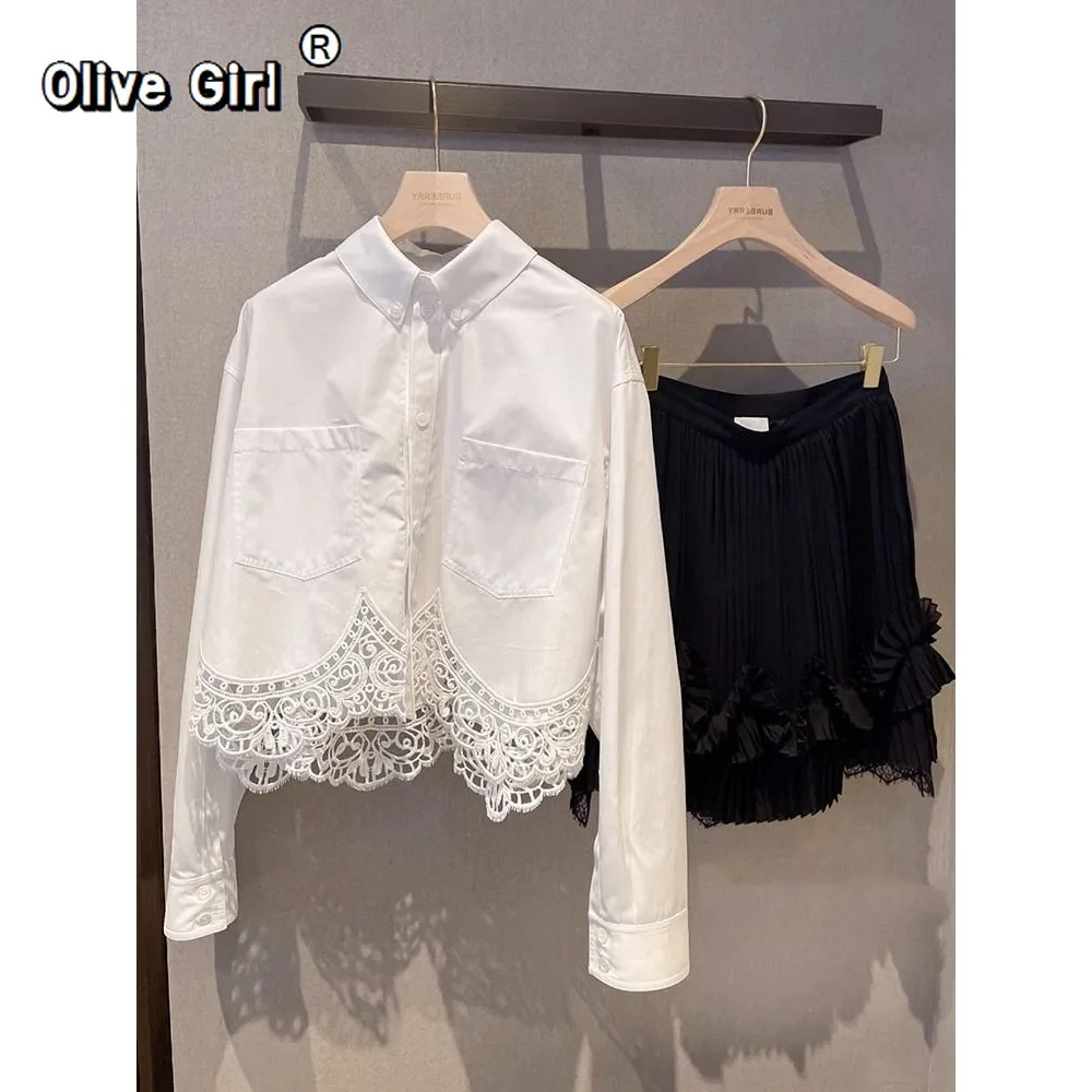 

Women's Shirt Blouse Top Spring Autumn 2026 French Temperament High-end Black Top Lace Splice White Shirt Women's Clothing