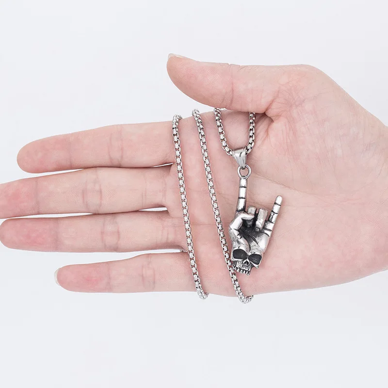 Punk Rock Love You Gesture Pendant Necklace For Men Vintage Silver Color Stainless Steel Chain Hip Hop Skull Neck Jewelry Gifts