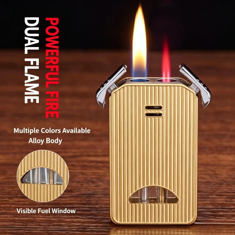 2‑in‑1 Dual Flame Lighter Jet & Soft Flame Refillable Butane Gas Visible Gas Window Zinc Alloy Lighter Men Smoking Gift