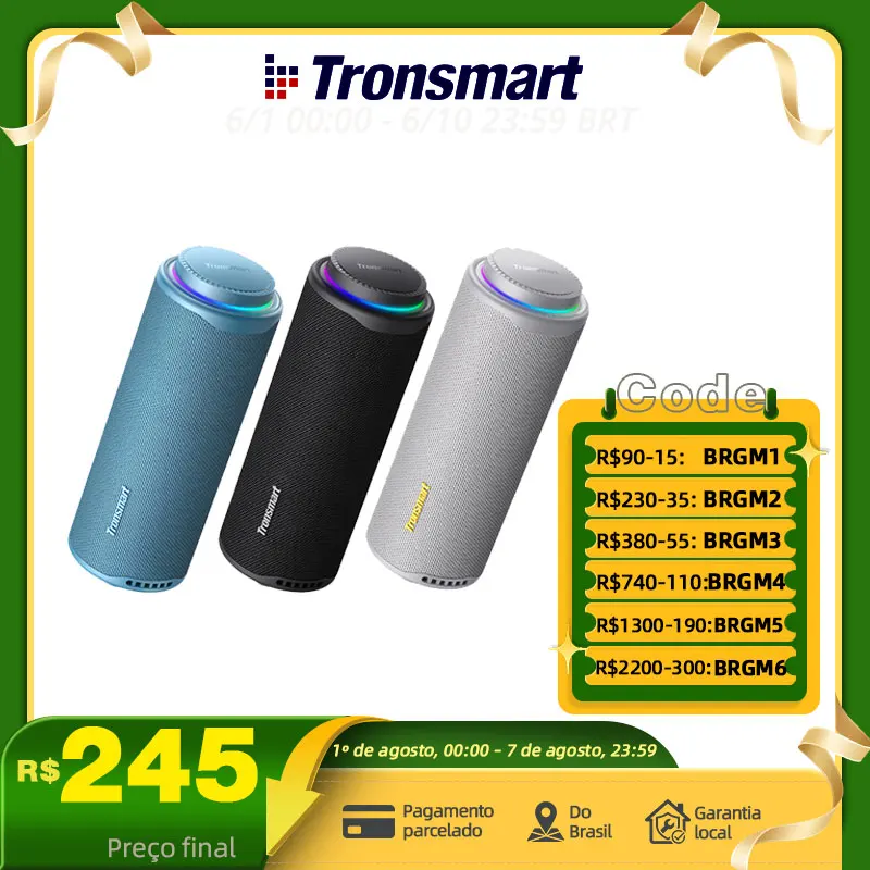 Tronsmart T8 caixa som bluetooth, caixa de som, Alto-falante portátil Bluetooth com graves profundos, 40W, som de 360 graus, IPX7 à prova d'água