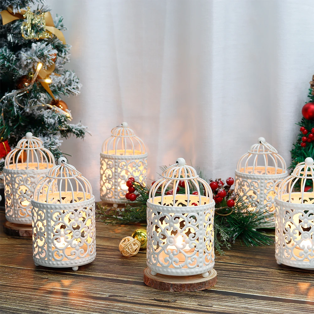 2/6Pcs Small Metal Candle Holder Hanging Birdcage Lantern Hollow Candlestick Holders Table Wedding Party Indoor Outdoor Gifts