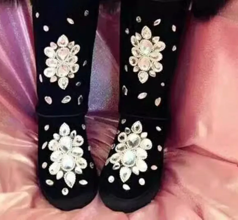 Glitter Colorful Diamond Crystal Fox Fur Wrapped Knee high Snow Boots Thick sole Fur inside Cow Suede Rhinestone Winter Boots