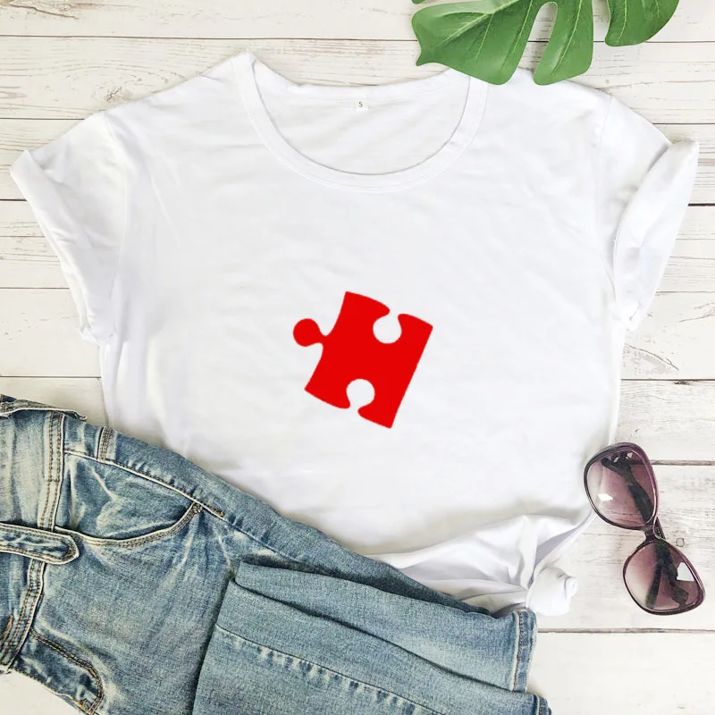 Puzzle Red Heart Print Couple T Shirt Lovers Short Sleeve O Neck Loose Tshirt Fashion Woman Man Tee Shirt Tops Clothes