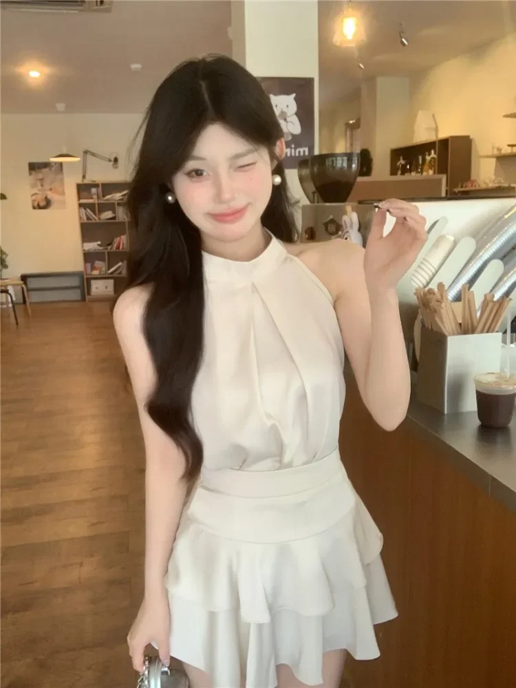 الصلبة الساتان قطعتين تنورة مجموعات المرأة الزي الرسن أكمام تانك الأعلى عالية الخصر متعددة الكشكشة كعكة التنانير الصغيرة #3