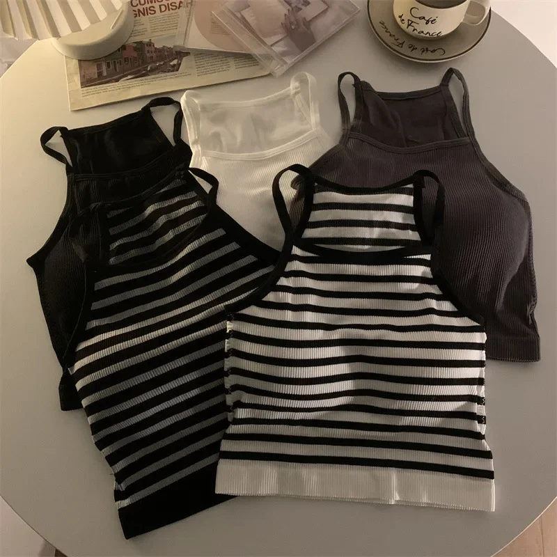 

Korean Version Women Tank Tops Thread Solid Casual Fashion Crop Top with Chest Pad Stripe Sleeveless Outer Wear Basic Camisole