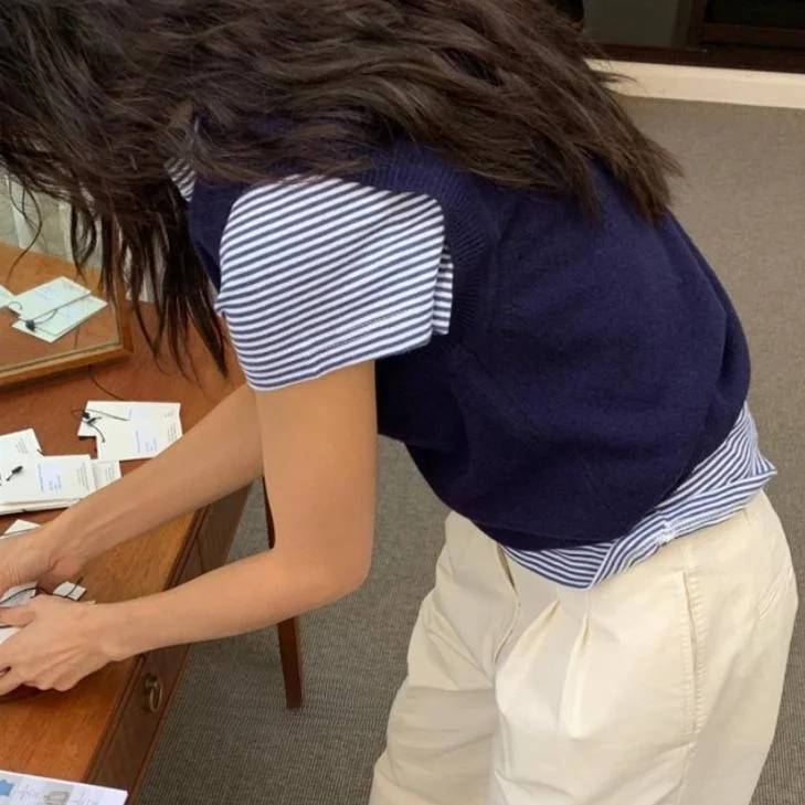 Letnia kolekcja 2025 Klasyczny okrągły dekolt Dopasowany krój w paski Koszulka T-shirt Uniwersalny styl Casual Czysta bawełna Damska bluzka