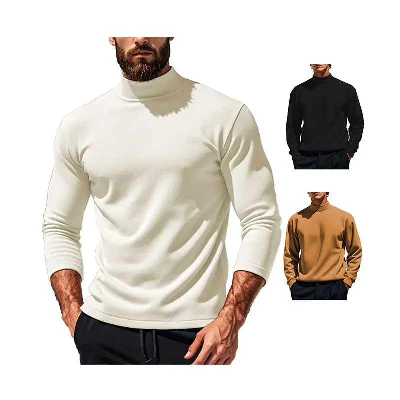 Men Pullovers Sweaters Knitted Mock Neck Full Sleeve Tops Simple Thick Casual Regular Solid Top Autumn Winter Knit 2024