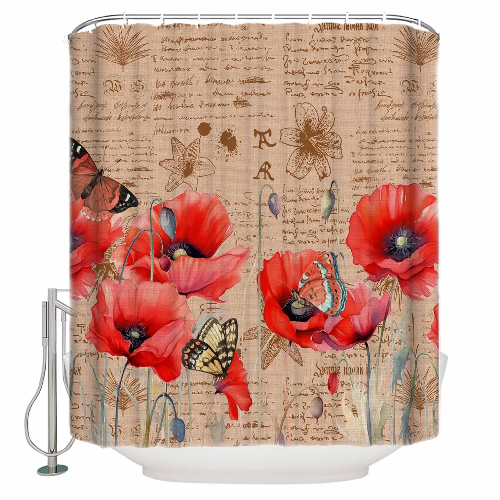 Poppy Flower Retro Butterfly Shower Curtains Waterproof Bath Curtains Home Decor Modern Luxury Bathroom Curtain